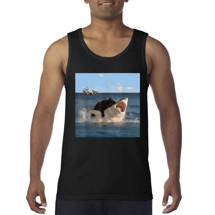 Cat Biting Shark Humorous Playful Funny Cat And Shark Tank Top