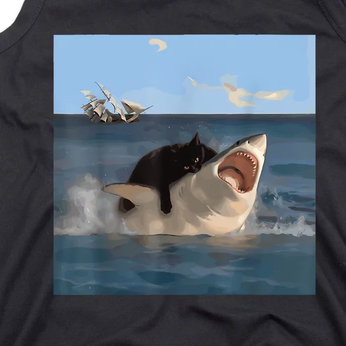 Cat Biting Shark Humorous Playful Funny Cat And Shark Tank Top