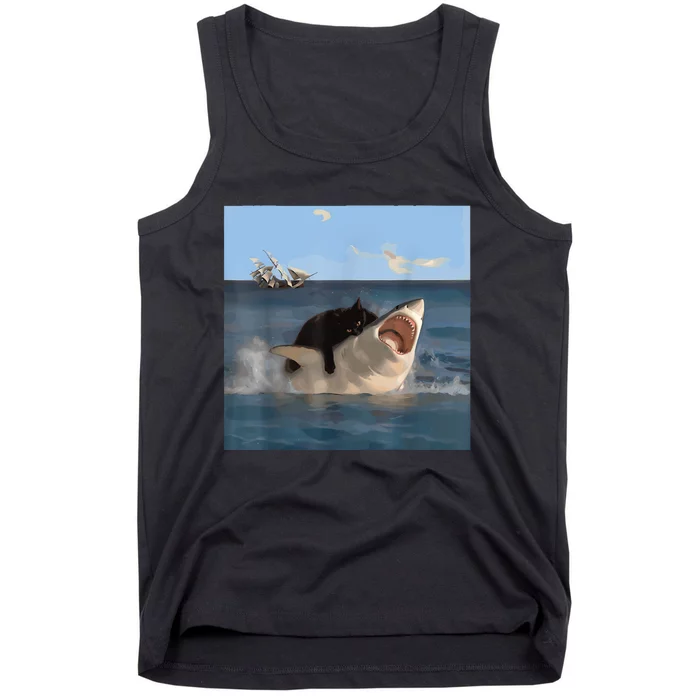 Cat Biting Shark Humorous Playful Funny Cat And Shark Tank Top