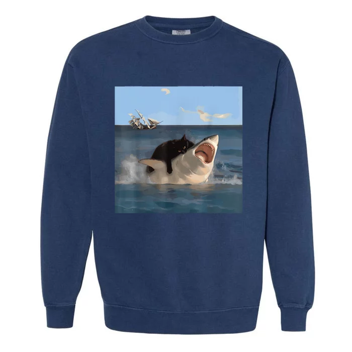 Cat Biting Shark Humorous Playful Funny Cat And Shark Garment-Dyed Sweatshirt