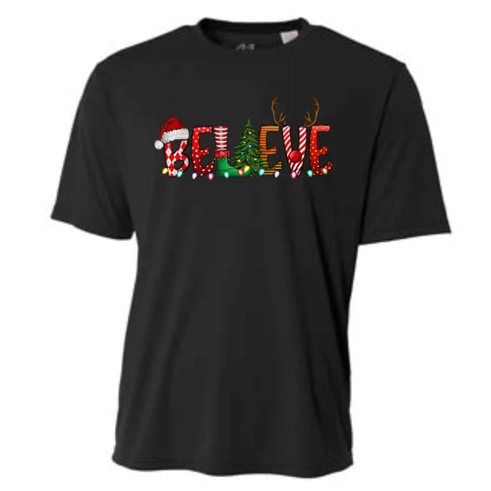 Christmas Believe Santa Hat Elf Xmas Tree Antlers Boy Girls Cooling Performance Crew T-Shirt