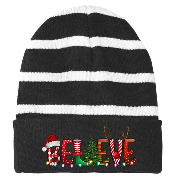 Christmas Believe Santa Hat Elf Xmas Tree Antlers Boy Girls Striped Beanie with Solid Band