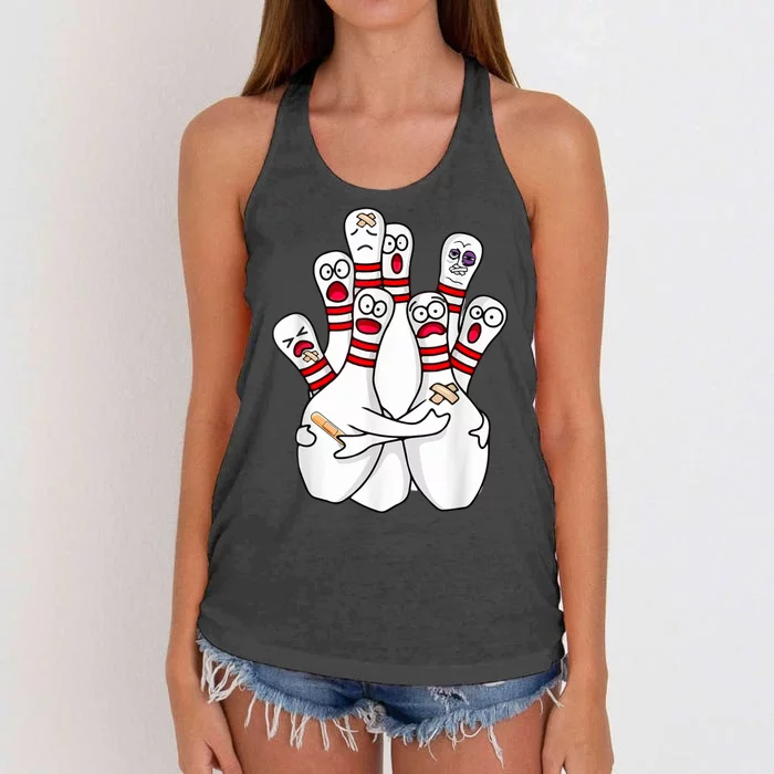 Cartoon Bowling Scared Bowling Pins Funny Sport Bowler Women's Knotted Racerback Tank