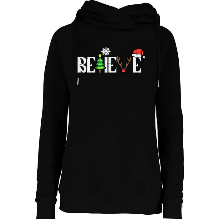 Christmas Believe Santa Xmas Boy Girl Womens Funnel Neck Pullover Hood