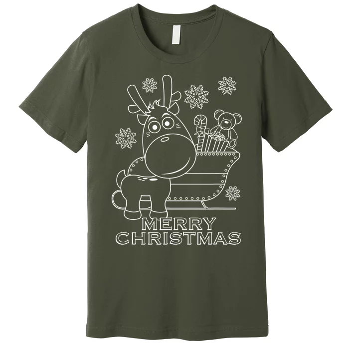 Coloring Book Style Blank Merry Christmas Tree Reindeer Premium T-Shirt