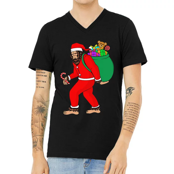 Christmas Bigfoot Santa Sacks Christmas Bag Sasquatch Xmas V-Neck T-Shirt