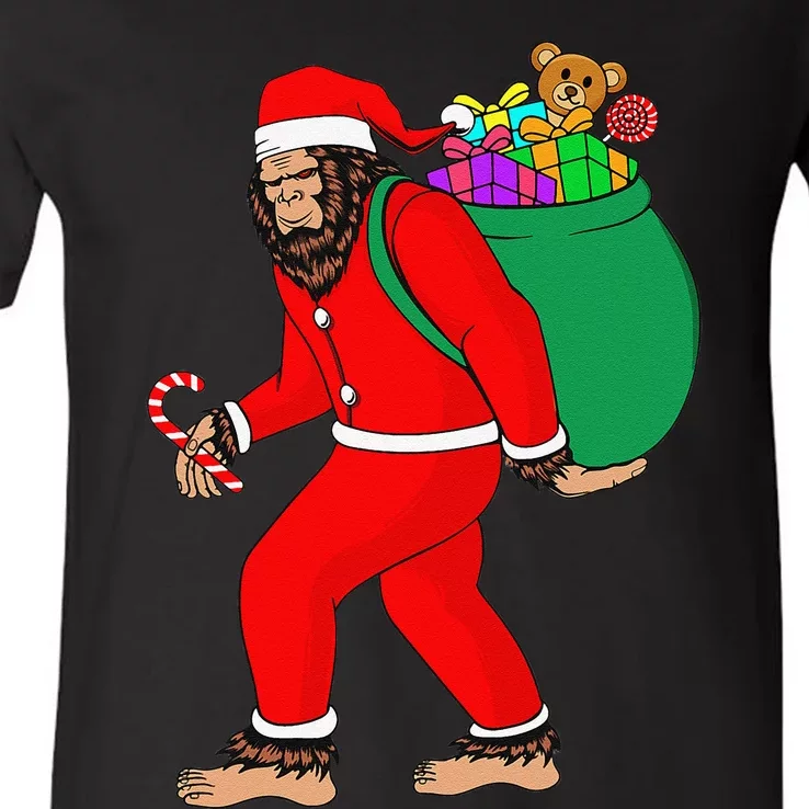 Christmas Bigfoot Santa Sacks Christmas Bag Sasquatch Xmas V-Neck T-Shirt