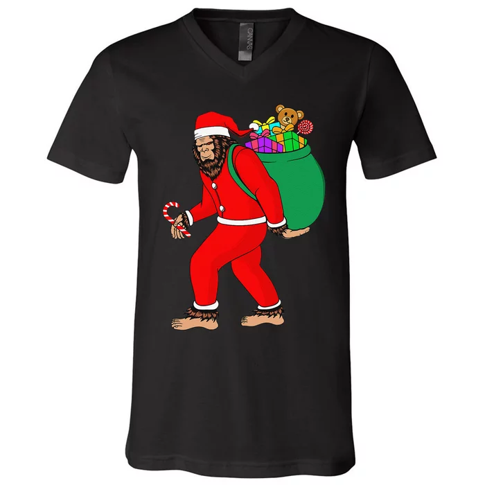 Christmas Bigfoot Santa Sacks Christmas Bag Sasquatch Xmas V-Neck T-Shirt