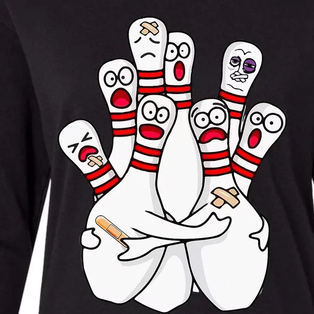 Cartoon Bowling Scared Bowling Pins Funny Sport Bowler Womens Cotton Relaxed Long Sleeve T-Shirt