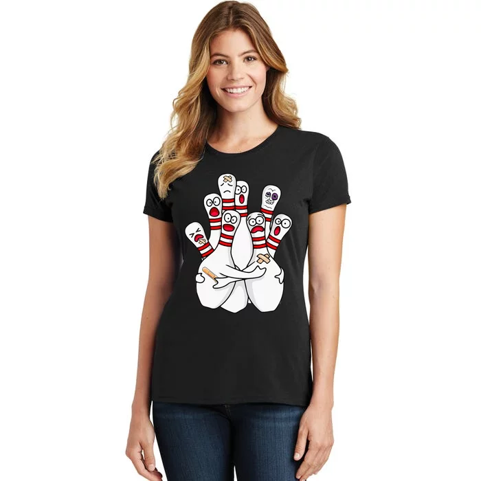 Cartoon Bowling Scared Bowling Pins Funny Sport Bowler Women's T-Shirt