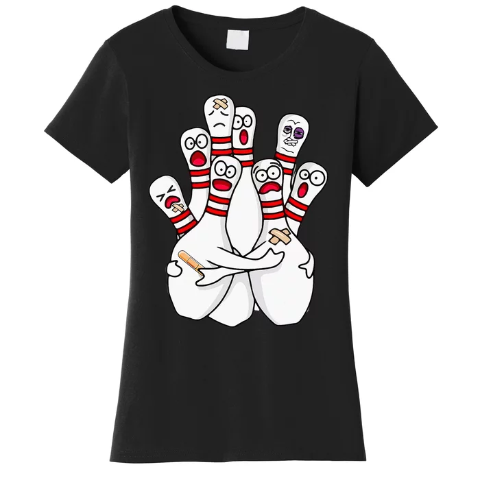 Cartoon Bowling Scared Bowling Pins Funny Sport Bowler Women's T-Shirt