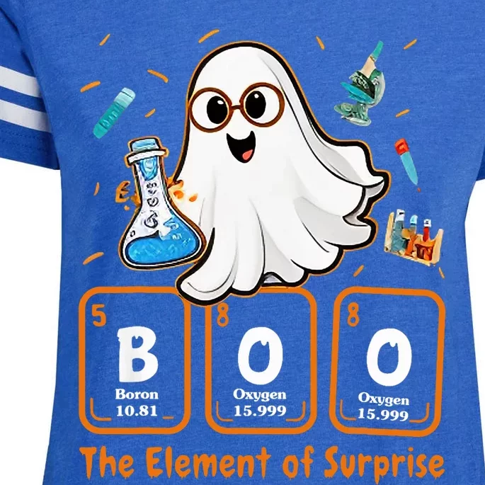 Chemistry Boo The Element Of Surprise Funny Periodic Table Enza Ladies Jersey Football T-Shirt