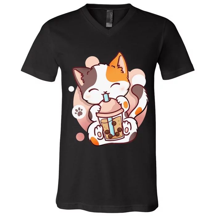 Cat Boba Tea Bubble Tea Anime Kawaii Neko V-Neck T-Shirt