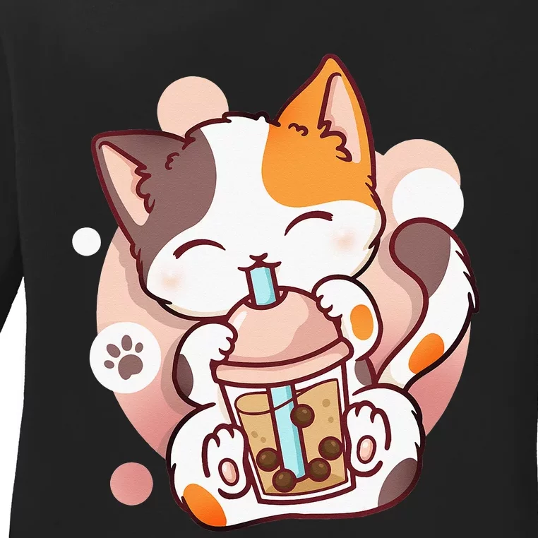 Cat Boba Tea Bubble Tea Anime Kawaii Neko Ladies Long Sleeve Shirt