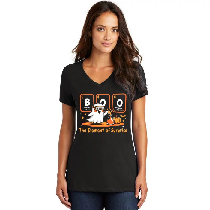 Chemistry Boo The Element Of Surprise Cute Chemist Halloween Women's V-Neck T-Shirt