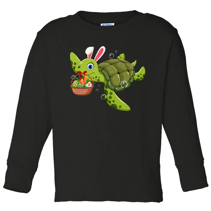 Cute Bunny Turtle Hold Easter Eggs Basket Happy Easter Day Toddler Long Sleeve Shirt