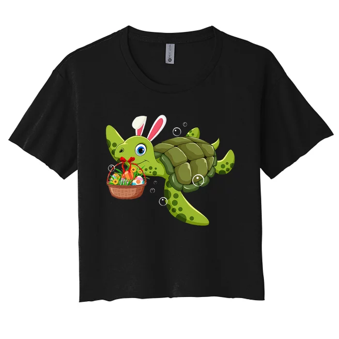 Cute Bunny Turtle Hold Easter Eggs Basket Happy Easter Day Women's Crop Top Tee