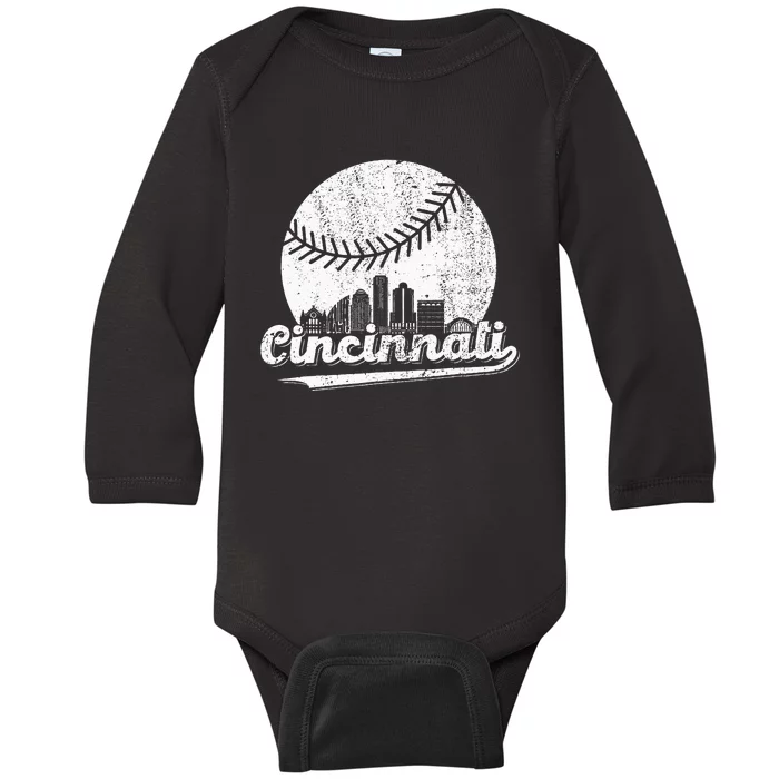 Cincinnati Baseball Throwback – Classic Retro Vintage Baby Long Sleeve Bodysuit