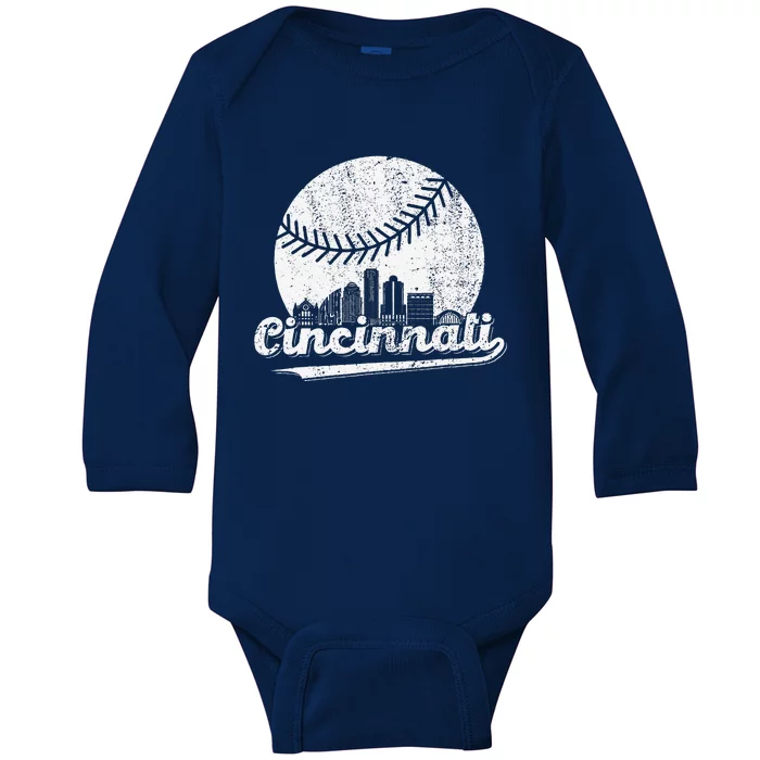 Cincinnati Baseball Throwback – Classic Retro Vintage Baby Long Sleeve Bodysuit