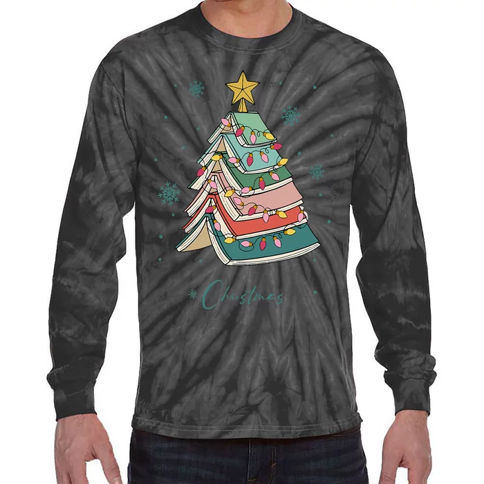 Christmas Book Tree Merry Christmas For Book Lover Tie-Dye Long Sleeve Shirt