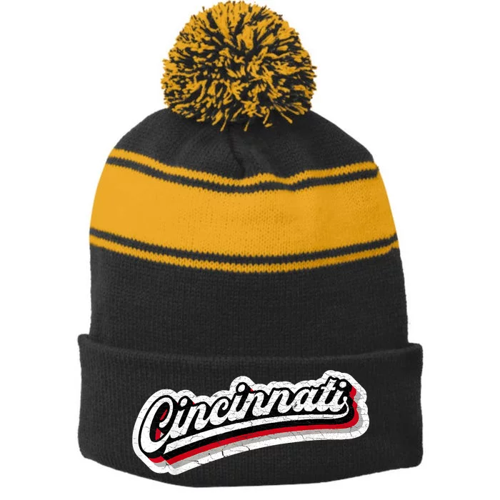 Cincinnati Baseball Throwback – Classic Retro Vintage Stripe Pom Pom Beanie