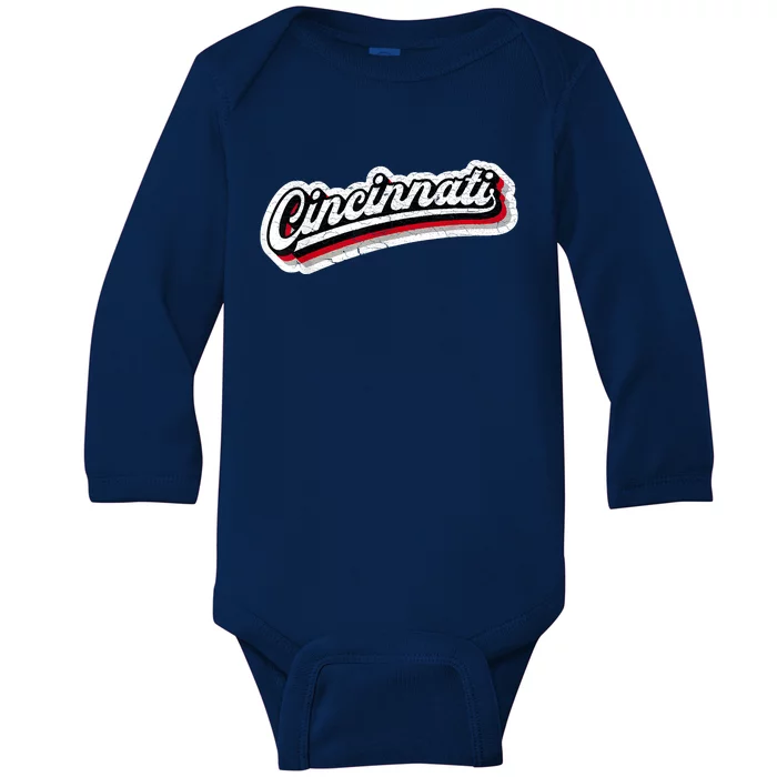 Cincinnati Baseball Throwback – Classic Retro Vintage Baby Long Sleeve Bodysuit