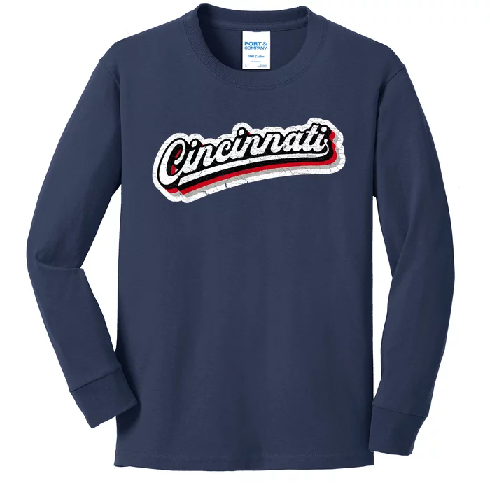 Cincinnati Baseball Throwback – Classic Retro Vintage Kids Long Sleeve Shirt