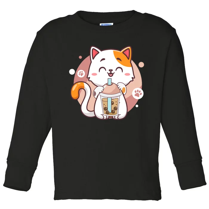 Cat Boba Tea Bubble Tea Anime Kawaii Neko Toddler Long Sleeve Shirt