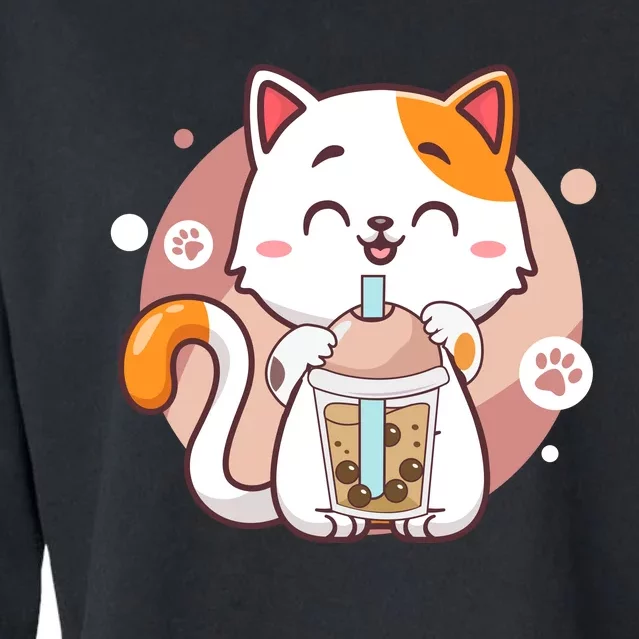 Cat Boba Tea Bubble Tea Anime Kawaii Neko Cropped Pullover Crew