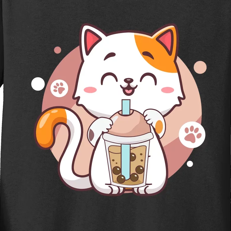 Cat Boba Tea Bubble Tea Anime Kawaii Neko Kids Long Sleeve Shirt