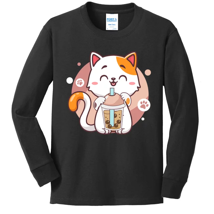 Cat Boba Tea Bubble Tea Anime Kawaii Neko Kids Long Sleeve Shirt