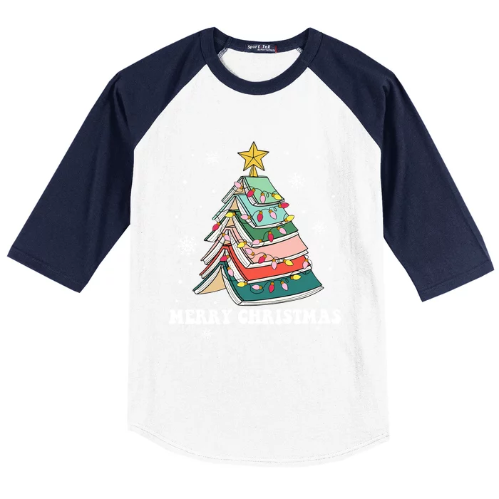 Christmas Book Tree Book Lovers Bookworm Teachers Librarians Meaningful Gift Baseball Sleeve Shirt