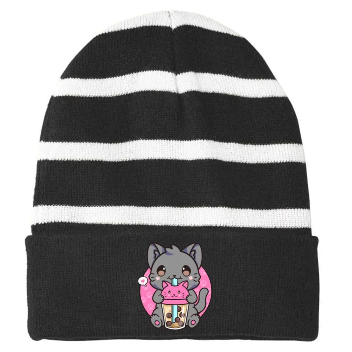 Cat Boba Tea Kawaii Anime Funny Gifts For Girl Boy Teens Striped Beanie with Solid Band