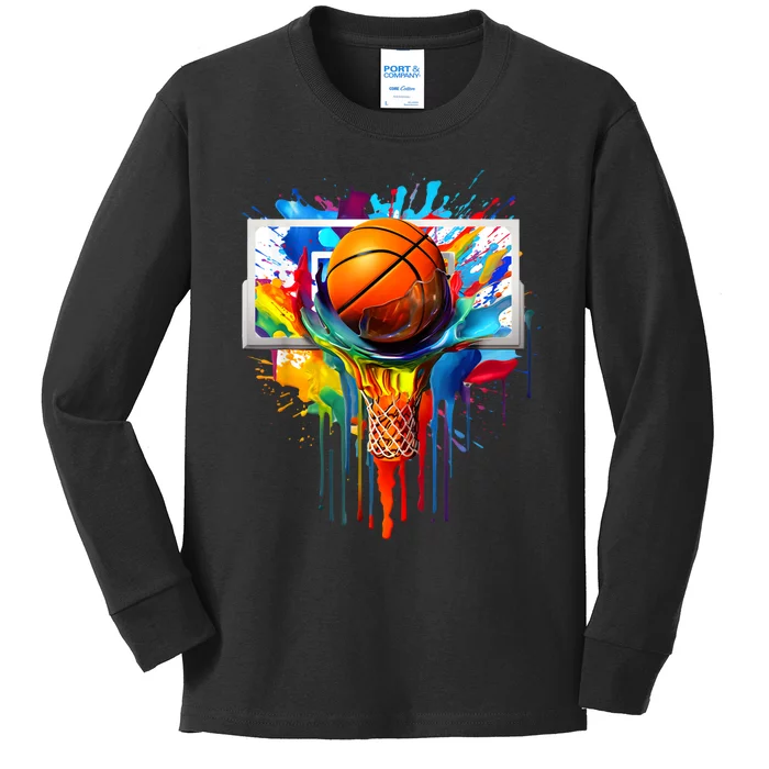 Colorful Basketball Tie Dye Color Splash Hoop Net Slam Dunk Kids Long Sleeve Shirt