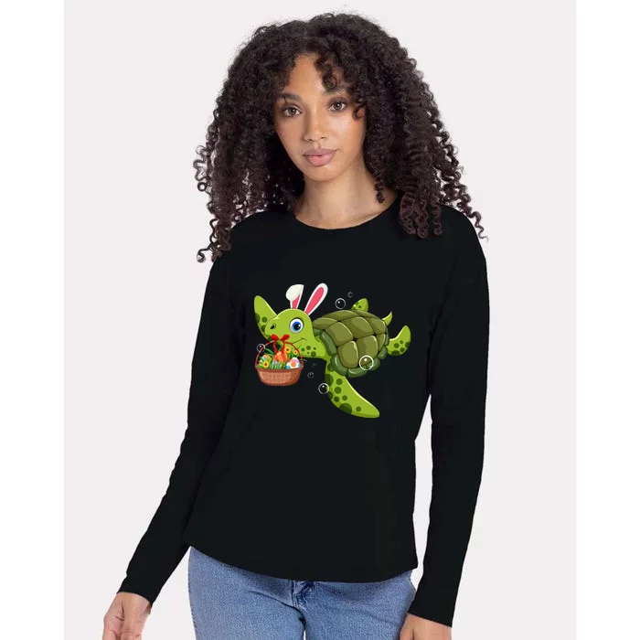 Cute Bunny Turtle Hold Easter Eggs Basket Happy Easter Day Womens Cotton Relaxed Long Sleeve T-Shirt