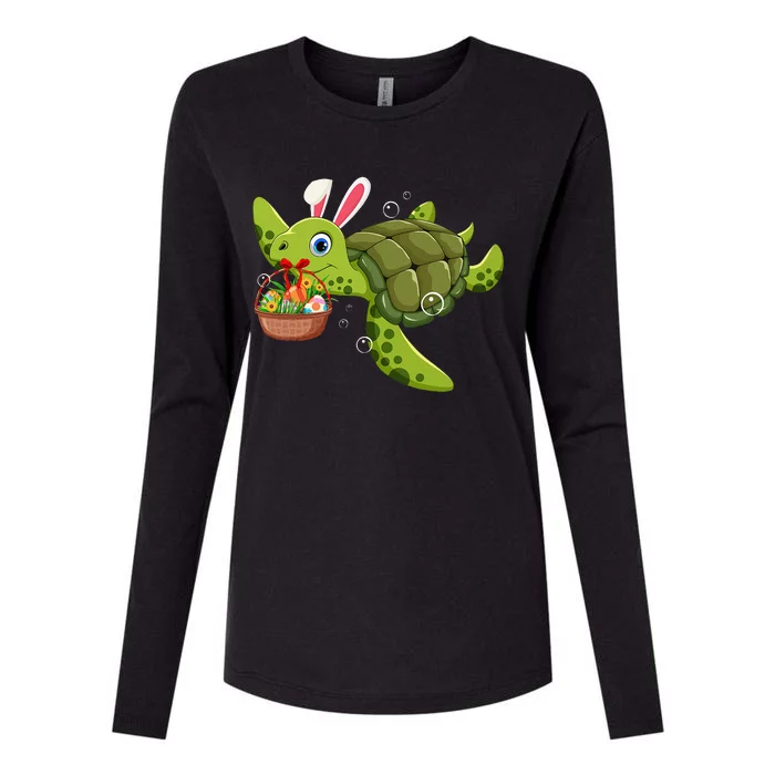 Cute Bunny Turtle Hold Easter Eggs Basket Happy Easter Day Womens Cotton Relaxed Long Sleeve T-Shirt