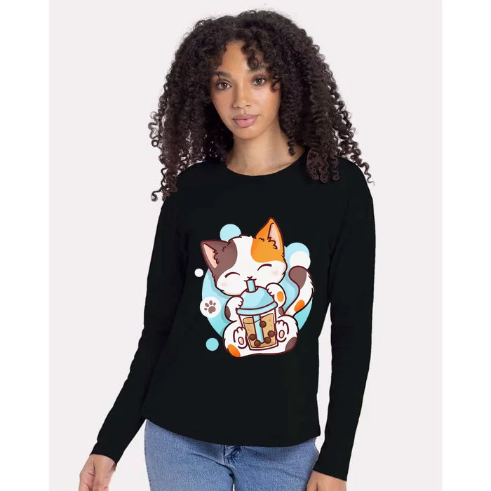 Cat Boba Tea Bubble Tea Anime Kawaii Neko Womens Cotton Relaxed Long Sleeve T-Shirt