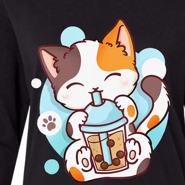 Cat Boba Tea Bubble Tea Anime Kawaii Neko Womens Cotton Relaxed Long Sleeve T-Shirt