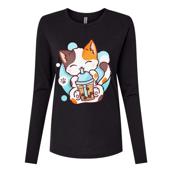 Cat Boba Tea Bubble Tea Anime Kawaii Neko Womens Cotton Relaxed Long Sleeve T-Shirt