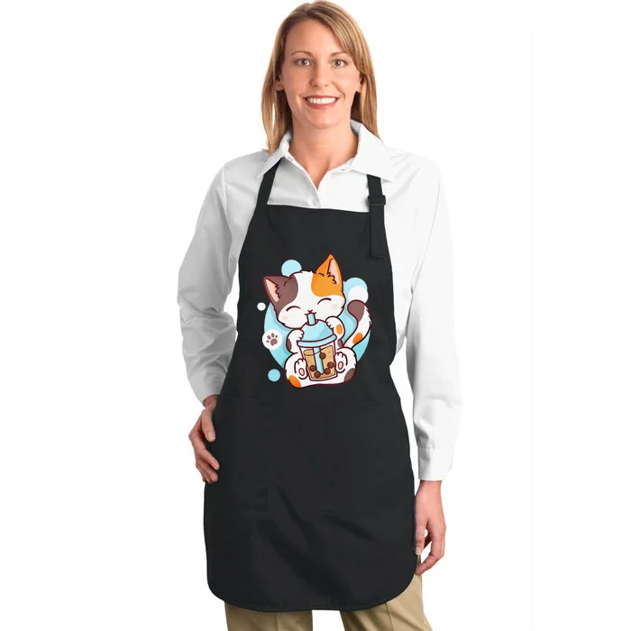 Cat Boba Tea Bubble Tea Anime Kawaii Neko Full-Length Apron With Pocket