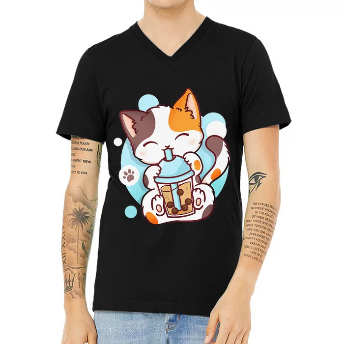 Cat Boba Tea Bubble Tea Anime Kawaii Neko V-Neck T-Shirt