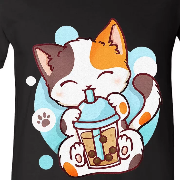 Cat Boba Tea Bubble Tea Anime Kawaii Neko V-Neck T-Shirt