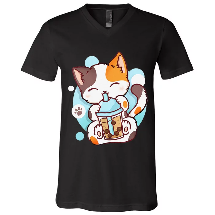 Cat Boba Tea Bubble Tea Anime Kawaii Neko V-Neck T-Shirt