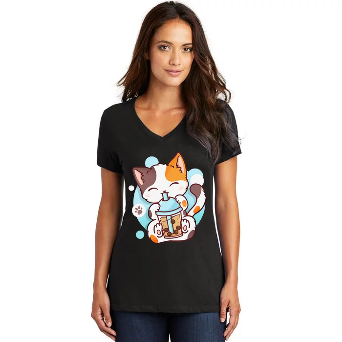 Cat Boba Tea Bubble Tea Anime Kawaii Neko Women's V-Neck T-Shirt