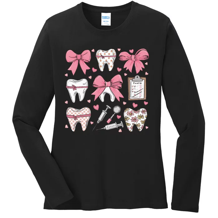 Coquette Bow Teeth Dentist Squad Dental Assistant Ladies Long Sleeve Shirt