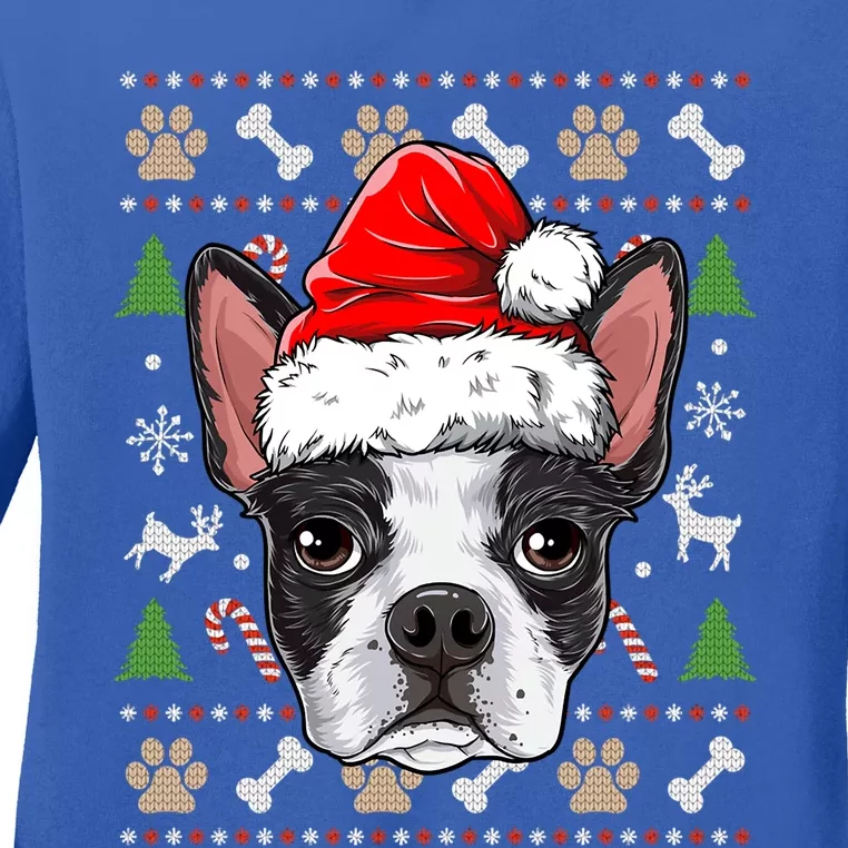 Cute Boston Terrier Ugly Christmas Sweater Santa Hat Xmas Gift Ladies Long Sleeve Shirt