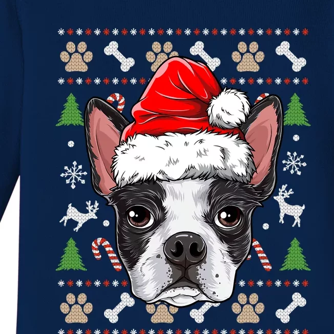 Cute Boston Terrier Ugly Christmas Sweater Santa Hat Xmas Gift Baby Long Sleeve Bodysuit