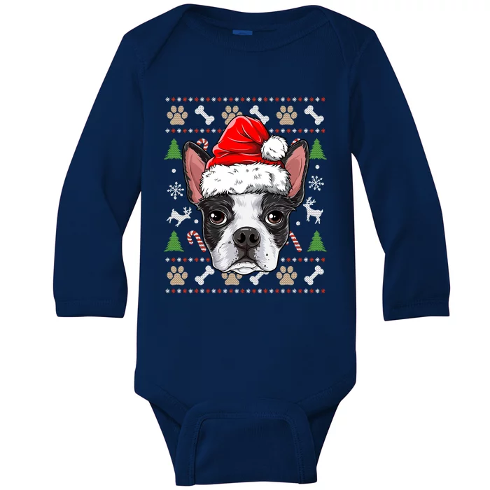 Cute Boston Terrier Ugly Christmas Sweater Santa Hat Xmas Gift Baby Long Sleeve Bodysuit