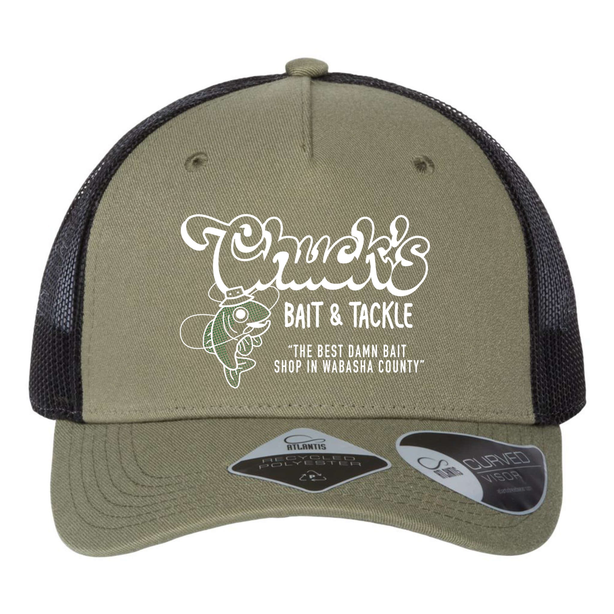 Chuck's Bait & Tackle The Best Damn Bait Shop In Wabsha Country Fishing  Father's Day Atlantis Headwear Sustainable 5-Panel Trucker Hat