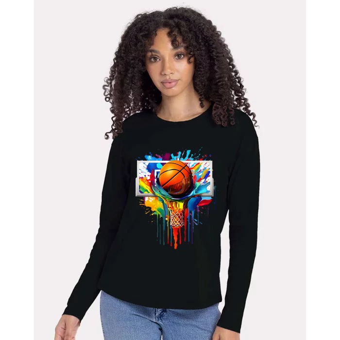 Colorful Basketball Tie Dye Color Splash Hoop Net Slam Dunk Womens Cotton Relaxed Long Sleeve T-Shirt